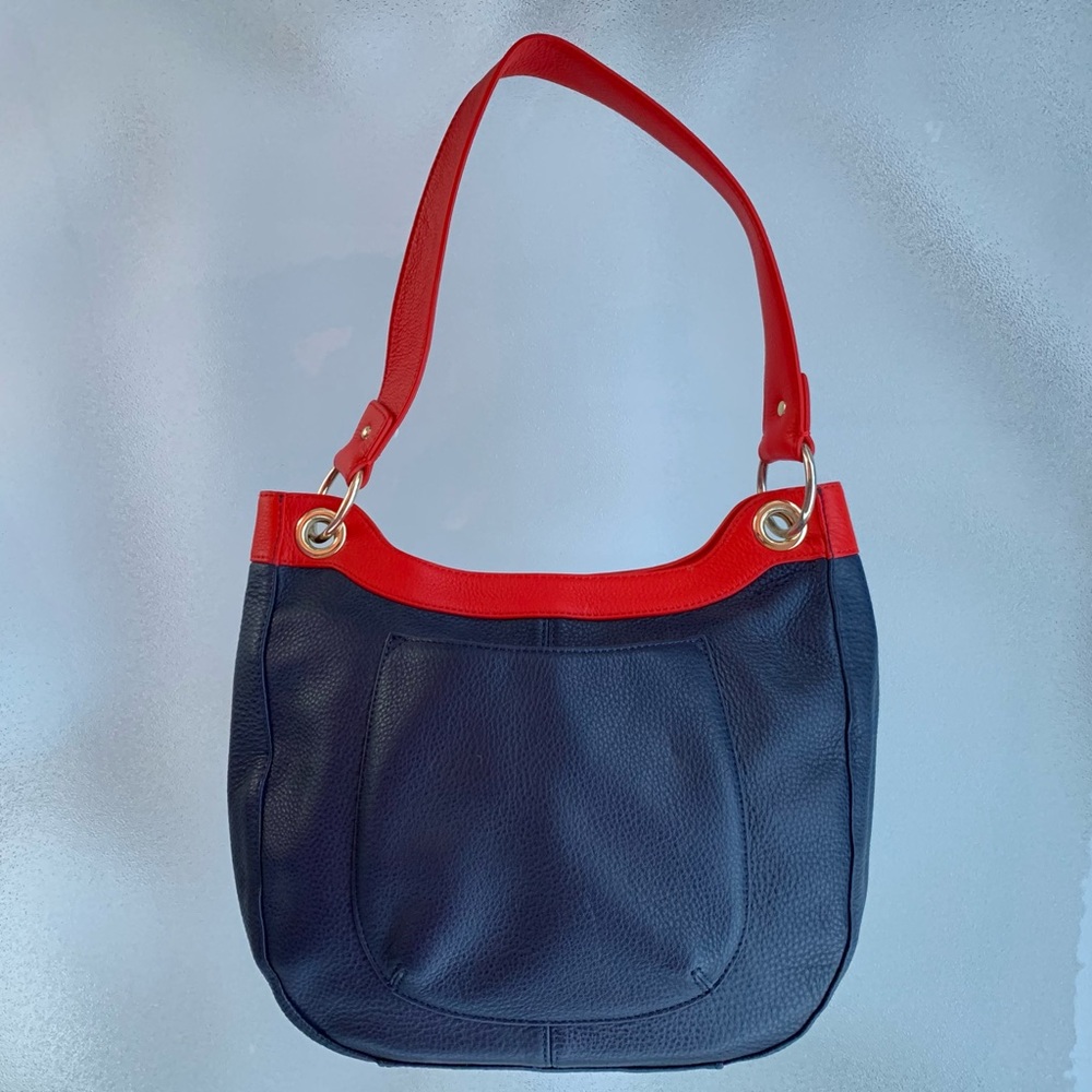 Talbots Navy Blue and Red Pebbled Leather Colorblock Shoulder Bag